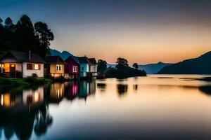 houses on the water at sunset. AI-Generated photo