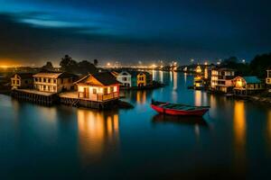 a boat sits on the water at night with houses in the background. AI-Generated photo