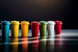 a row of colorful cups on a table. AI-Generated photo