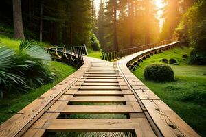 a wooden walkway in the middle of a green forest. AI-Generated photo
