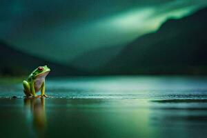 a frog sitting on the edge of a lake at night. AI-Generated photo