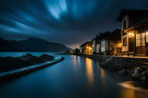 un largo exposición fotografía de un casa en el apuntalar de un lago. generado por ai foto