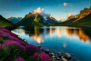 a lake surrounded by mountains and purple flowers. AI-Generated photo