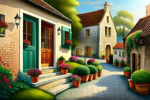 a painting of a street with flowers and potted plants. AI-Generated photo