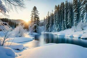 winter landscape with snow covered trees and river. AI-Generated photo