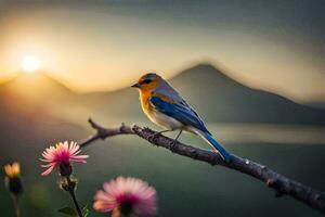 photo wallpaper the sky, bird, nature, sunset, flowers, mountains, bird, bird,. AI-Generated