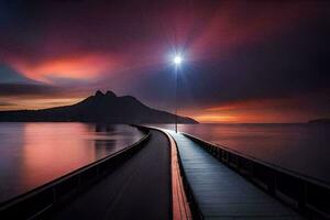 un largo muelle con un ligero brillante en él. generado por ai foto