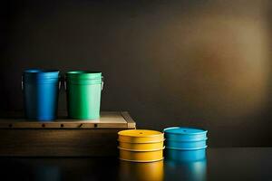 three colorful buckets sitting on a wooden table. AI-Generated photo