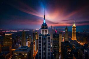 the empire state building is lit up at night. AI-Generated photo