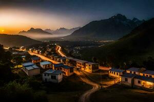 un pueblo a puesta de sol en el montañas. generado por ai foto