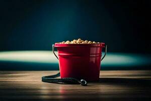 a red bucket with popcorn on a wooden table. AI-Generated photo