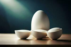 three white eggs on a table. AI-Generated photo