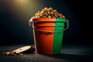 a bucket filled with peanuts and a green and orange lid. AI-Generated photo