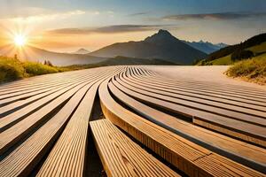 a wooden walkway in front of mountains at sunset. AI-Generated photo