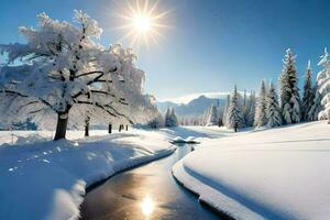 un río carreras mediante un Nevado paisaje. generado por ai foto