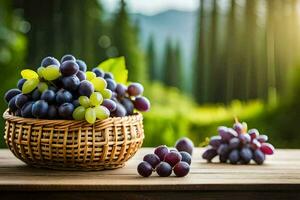 uvas en cesta en de madera mesa con verde arboles en el antecedentes. generado por ai foto