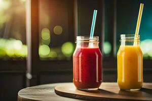 two mason jars with different colored juices on a table. AI-Generated photo