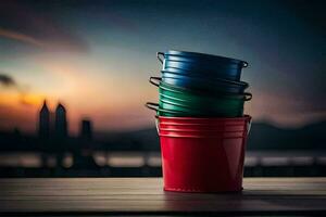 a stack of three buckets on a wooden table. AI-Generated photo