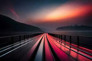 a long exposure photograph of a train going down a track. AI-Generated photo