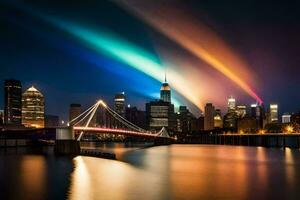 the rainbow light is shining over a city skyline. AI-Generated photo