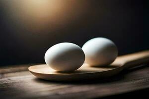 two white eggs on a wooden spoon. AI-Generated photo