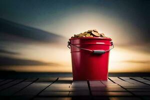 a red bucket filled with coins on a wooden floor. AI-Generated photo