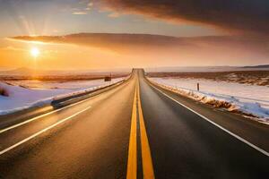 un largo la carretera en el invierno. generado por ai foto