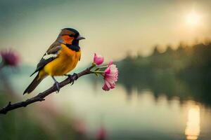 a bird sits on a branch near a lake. AI-Generated photo