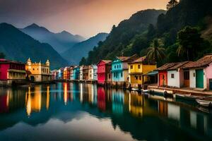 colorful houses line the water in a river. AI-Generated photo