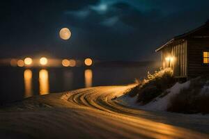 un cabina en el nieve con el Luna brillante terminado él. generado por ai foto