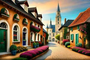 an artistic painting of a street in europe. AI-Generated photo