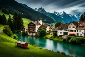 photo wallpaper mountains, the sky, water, house, river, house, switzerland, sw. AI-Generated