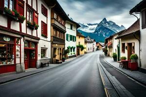 a street in the alps with mountains in the background. AI-Generated photo