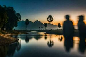 dos personas estar en el banco de un río a puesta de sol. generado por ai foto