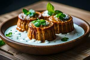 three small cakes with cream and herbs on a wooden plate. AI-Generated photo
