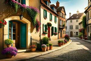 an old european street with flowers and potted plants. AI-Generated photo