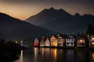 houses on the river at dusk in the mountains. AI-Generated photo