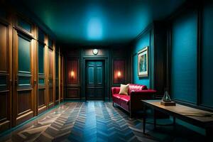 a hallway with blue walls and wooden floors. AI-Generated photo