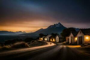 a road leading to a mountain village at dusk. AI-Generated photo