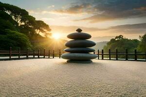 a zen garden with a stone stack in the middle. AI-Generated photo