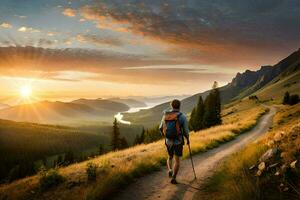 un hombre con un mochila camina en un sendero en el montañas. generado por ai foto