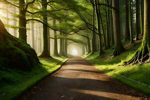 a path through a forest with trees and sunlight. AI-Generated photo
