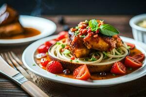 a plate of spaghetti with meat and tomatoes. AI-Generated photo