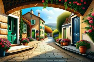 an illustration of a street with flowers and houses. AI-Generated photo