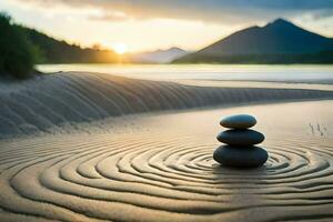 a stack of stones on the sand at sunset. AI-Generated photo