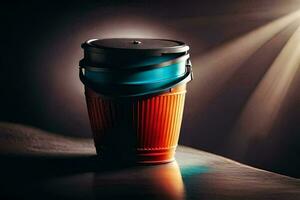 a coffee cup with a lid on a table. AI-Generated photo