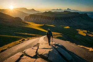 el hombre es caminando en el la carretera en el montañas. generado por ai foto