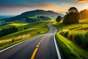 a scenic road in the mountains with the sun setting. AI-Generated photo