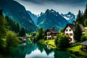 beautiful mountain scenery with houses and a river. AI-Generated photo