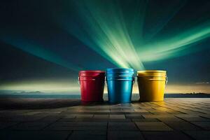 three colorful buckets sit on a brick floor with a bright aurora light in the background. AI-Generated photo